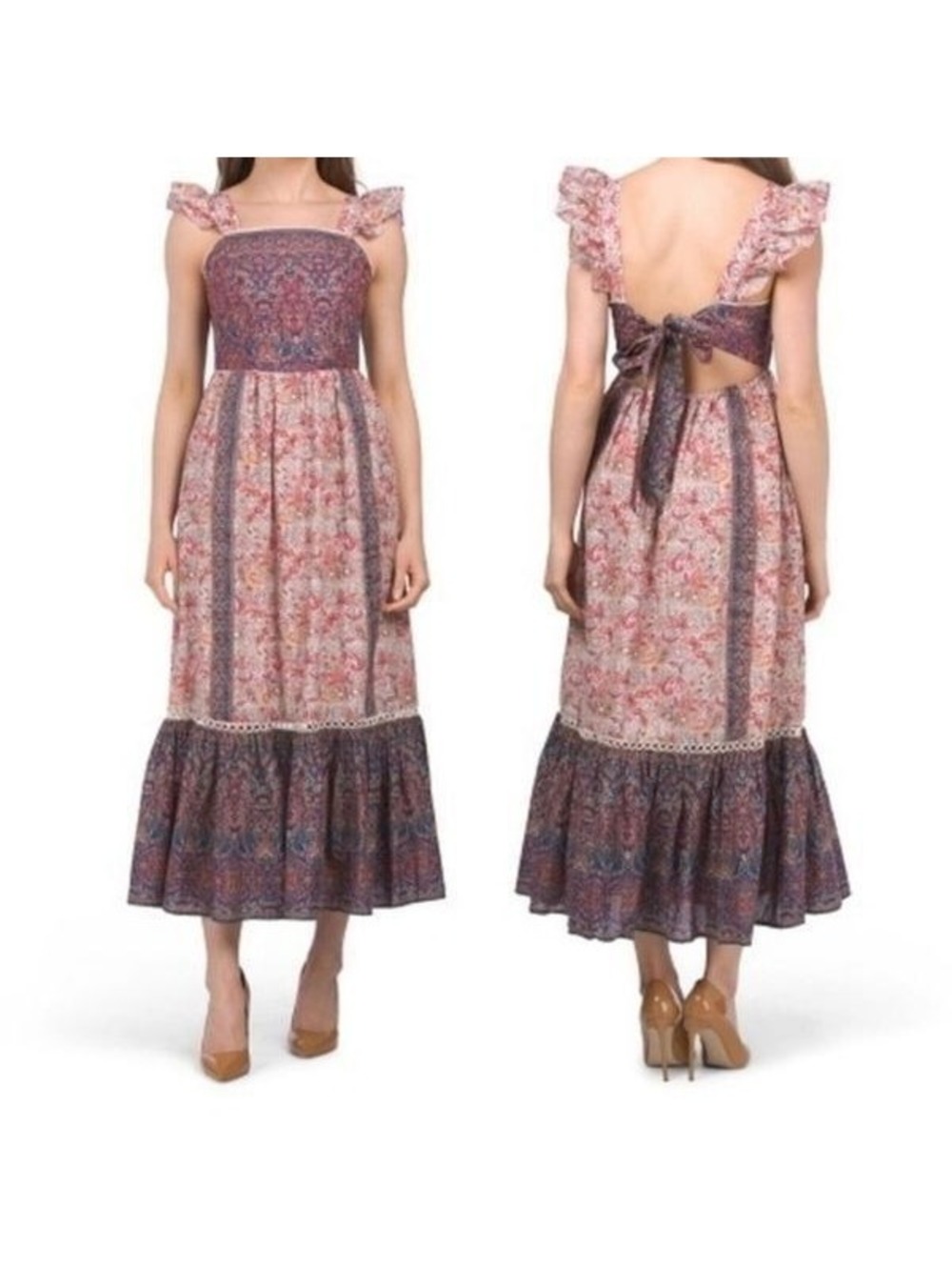 Haute Hippie Flutter Sleeve Twin Print Flounce Hem Floral Maxi Dress